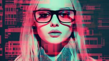 a woman wearing glasses in front of a computer screen generative ai photo