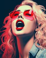 a woman wearing red sunglasses and a denim jacket generative ai photo