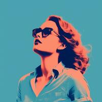 a woman wearing sunglasses and a blue shirt generative ai photo