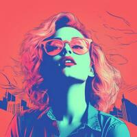 a woman wearing sunglasses and a blue shirt with a city in the background generative ai photo