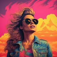 a woman wearing sunglasses and a denim jacket standing in front of a colorful background generative ai photo