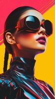 a woman wearing sunglasses and a black leather jacket generative ai photo