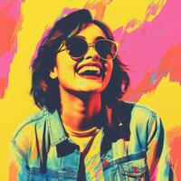 a woman wearing sunglasses and a denim jacket is smiling in front of a colorful background generative ai photo