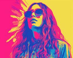 a woman wearing sunglasses and a denim jacket in front of a colorful background generative ai photo