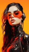 a woman wearing sunglasses and a black outfit with red paint on her face generative ai photo