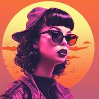 a woman wearing sunglasses and a hat in front of a sunset generative ai photo