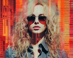 a woman wearing sunglasses and a denim jacket in front of an abstract background generative ai photo