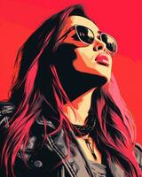 a woman wearing sunglasses and a leather jacket on a red background generative ai photo