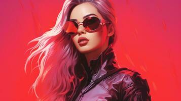 a woman wearing sunglasses and a leather jacket in front of a red background generative ai photo