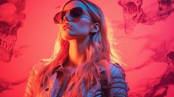 a woman wearing sunglasses and a leather jacket standing in front of skulls generative ai photo