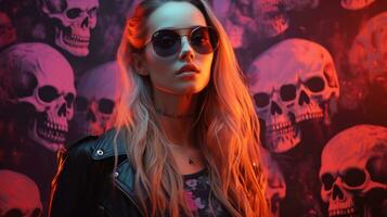 a woman wearing sunglasses and a leather jacket standing in front of a wall of skulls generative ai photo