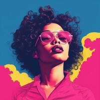 a woman wearing sunglasses and a pink shirt in front of a colorful background generative ai photo
