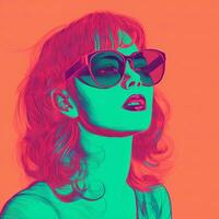 a woman wearing sunglasses and a pink and green background generative ai photo