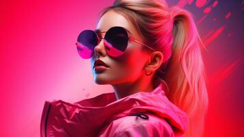 a woman wearing sunglasses and a pink jacket in front of a red background generative ai photo