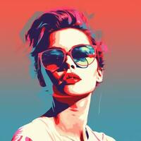 a woman wearing sunglasses and a red and blue background generative ai photo