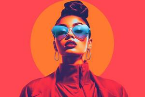 a woman wearing sunglasses and a red jacket generative ai photo