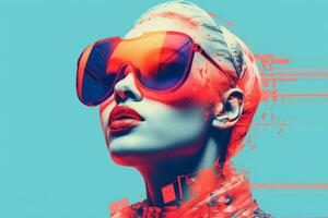 a woman wearing sunglasses and a red and blue background generative ai photo