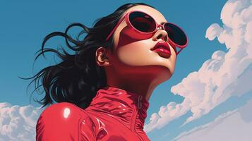 a woman wearing sunglasses and a red dress in the sky generative ai photo