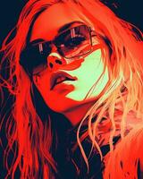 a woman wearing sunglasses and a red and black background generative ai photo