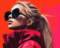 a woman wearing sunglasses and a red jacket generative ai photo