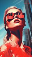 a woman wearing sunglasses and a red dress in front of skyscrapers generative ai photo