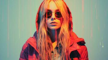 a woman wearing sunglasses and a red jacket generative ai photo