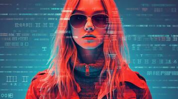 a woman wearing sunglasses and a red jacket in front of a computer screen generative ai photo