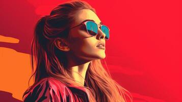 a woman wearing sunglasses and a red jacket generative ai photo