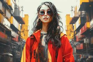 a woman wearing sunglasses and a red jacket in an urban setting generative ai photo