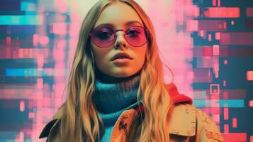 a woman wearing sunglasses and a sweater in front of a colorful background generative ai photo