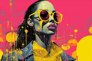a woman wearing sunglasses and a yellow jacket in front of a colorful background generative ai photo