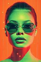 a woman wearing sunglasses and an orange and green background generative ai photo