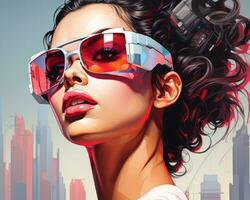 a woman wearing sunglasses in front of a futuristic cityscape generative ai photo