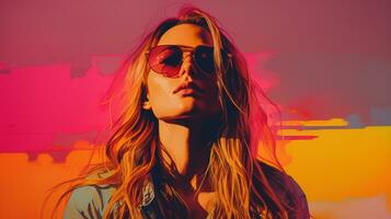 a woman wearing sunglasses in front of a colorful background generative ai photo