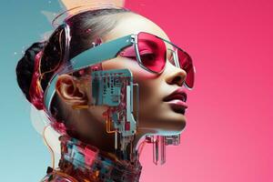 a woman wearing sunglasses and a robot head in front of a pink and blue background generative ai photo