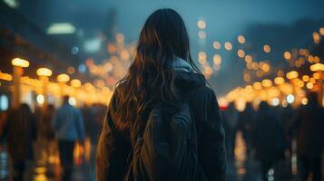 a woman with a backpack walking down a city street at night generative ai photo