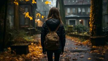 a woman with a backpack walking down a path in the fall generative ai photo