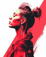 a woman with a bun in her hair is in front of a red background generative ai photo