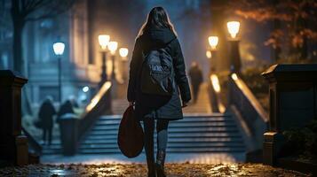 a woman with a backpack walking down a path at night generative ai photo
