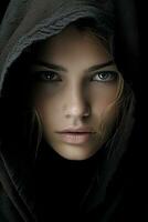 a woman with a hood on her head generative ai photo
