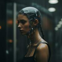 a woman with a helmet on her head in the rain generative ai photo