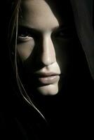 a woman with a hood on her face in the dark generative ai photo