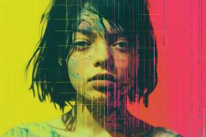 a woman with a face full of paint on a colorful background generative ai photo