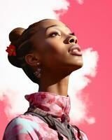 a woman with a flower in her hair stands in front of a pink sky generative ai photo