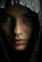 a woman with a hood on her face generative ai photo
