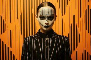a woman with a face painted like a skeleton standing in front of an orange wall generative ai photo