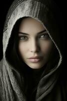 a woman with a hood on her head generative ai photo