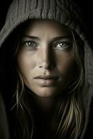 a woman with a hoodie on her head generative ai photo