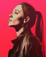 a woman with a ponytail in front of a red background generative ai photo