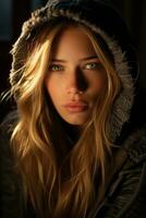 a woman with a hoodie on in a dark room generative ai photo